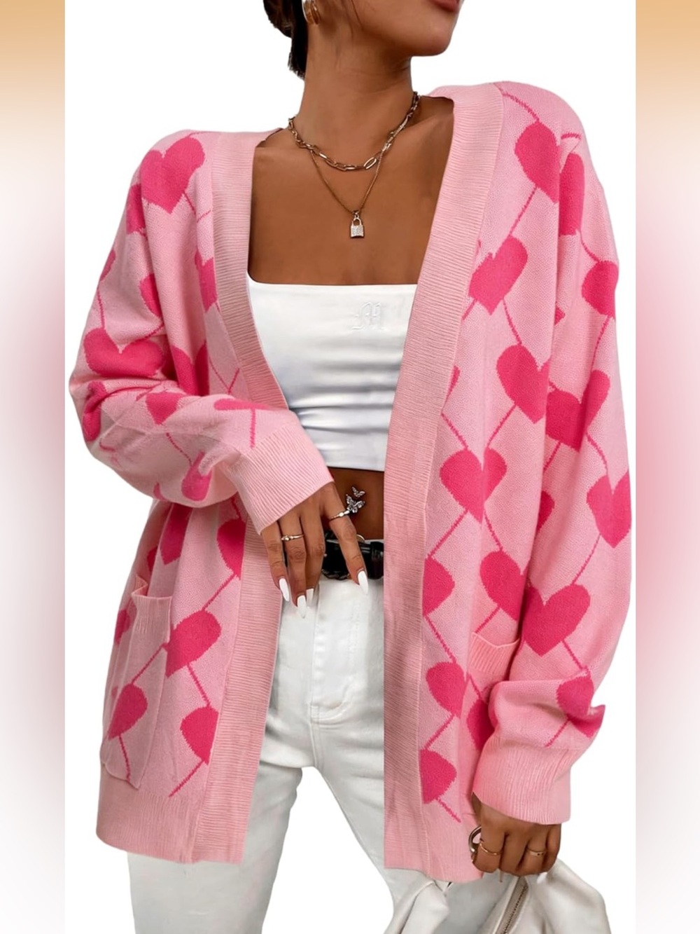 Pink Heart Pattern Open-Front Cardigan - Picture 2 of 7